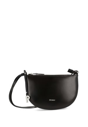 Black half-moon leather crossbody bag with silver zipper, adjustable strap, silver "P" charm, and "PICARD" logo on front.