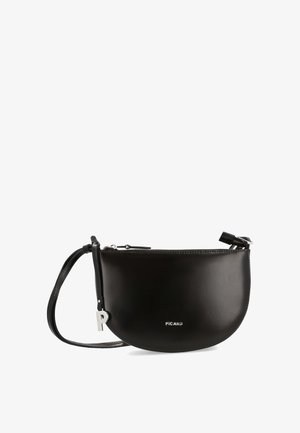 Black half-moon leather crossbody bag with silver zipper, adjustable strap, silver "P" charm, and "PICARD" logo on front.