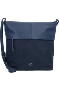 Borsa a spalla in pelle blu navy con una sezione inferiore testurizzata e un cappuccio superiore liscio. Presenta una tracolla regolabile e dettagli hardware decorativi.