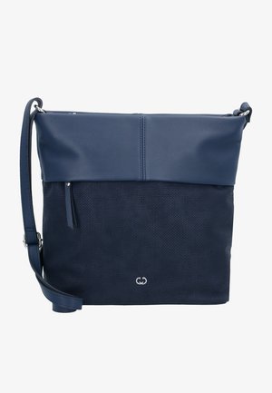 Marine blauwe leren schoudertas met een gestructureerd ondergedeelte en een gladde bovenflap. Voorzien van een verstelbare strap en decoratieve hardware accenten.