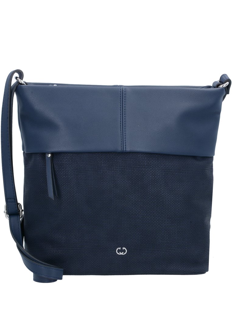 Borsa a spalla in pelle blu navy con una sezione inferiore testurizzata e un cappuccio superiore liscio. Presenta una tracolla regolabile e dettagli hardware decorativi.
