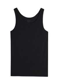 Schwarzes Tanktop aus einem weichen, dehnbaren Material. Verfügt über einen runden Halsausschnitt und weit geschnittene Armausschnitte. Keine sichtbaren Muster oder Akzente.