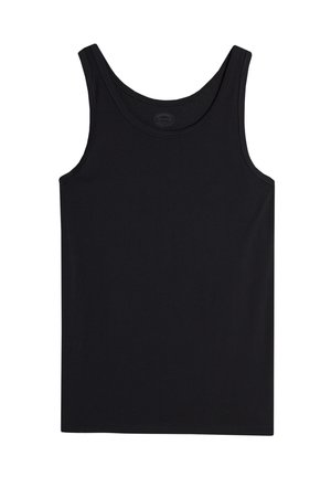 Sort tanktop lavet af et blødt, strækbart materiale. Har en rund halsudskæring og brede ærmegab. Ingen mønstre eller detaljer synlige.