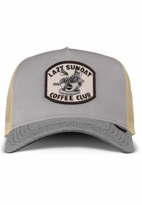 Grå cap med flat brem og beige mesh bakside. Har et merke med "Lazy Sunday Coffee Club" og en illustrasjon av en kaffekopp.
