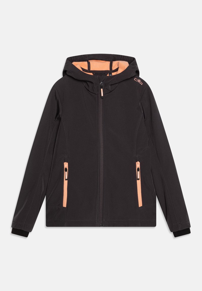 Black zip-up jacket with a hood, featuring bright orange accents, two zippered side pockets, and a soft interior lining.