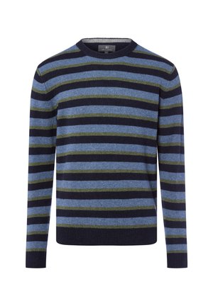 Gemengd gestreept heren sweatshirt met marineblauwe, lichtblauwe en olijfgroene kleuren. Gemaakt van zacht materiaal met een ronde hals en lange mouwen.
