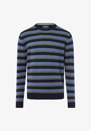 Men's striped sweater featuring navy, light blue, and olive green colors. Made of soft material with a crew neck and long sleeves.