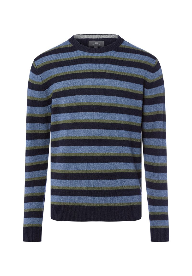 Gestreifter Herrenpullover in Marineblau, Hellblau und Olivgrün. Hergestellt aus weichem Material mit Rundhalsausschnitt und langen Ärmeln.