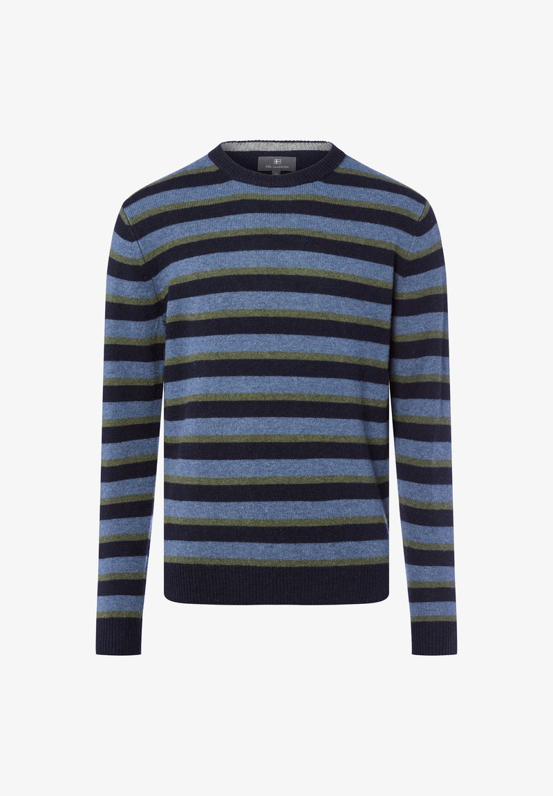 Gemengd gestreept heren sweatshirt met marineblauwe, lichtblauwe en olijfgroene kleuren. Gemaakt van zacht materiaal met een ronde hals en lange mouwen.