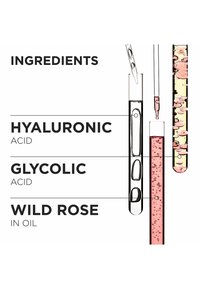 Tres tubos de ensayo que muestran ácido hialurónico, ácido glicólico y aceite de rosa silvestre. Líquidos transparente, rosa y amarillo en su interior con burbujas y texturas.