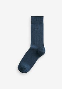 Dunkelblaue Baumwollsocke mit gerippter Manschette, glatter Textur und verstärktem Zehenbereich. Verfügt über ein kleines Logo in der Nähe des Knöchels.