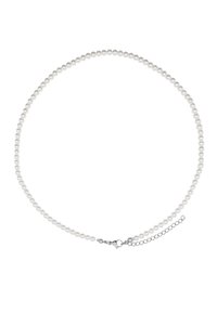 Collier en perles blanches composé de perles sphériques uniformes, sécurisé par un fermoir en métal et une chaîne d'extension pour une longueur réglable.