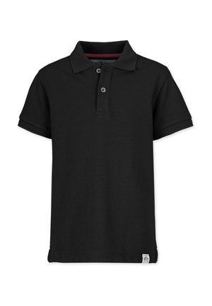 Sort polo shirt med tekstureret stof, korte ærmer, en to-knap stolpe og et lille logo-patch ved kanten.