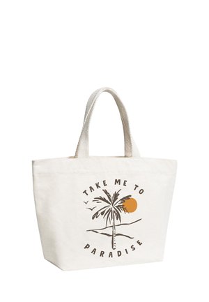 White canvas tote bag with short handles, featuring a palm tree, orange sun, birds, and "Take me to paradise" text.