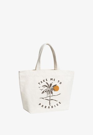 White canvas tote bag with short handles, featuring a palm tree, orange sun, birds, and "Take me to paradise" text.