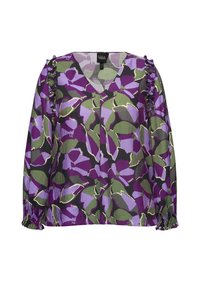 Blusa a maniche lunghe con scollatura a V, a motivo floreale viola e verde, con polsini arricciati. Tessuto leggero con dettagli arricciati sulle spalle.