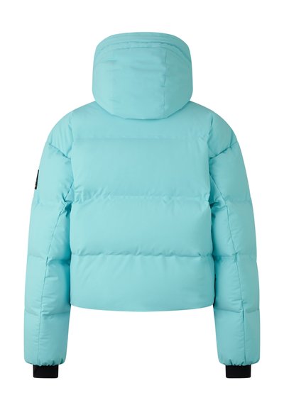Jasnoniebieska krótka kurtka puchowa z kapturem, z pikowanym wzorem, elastycznymi mankietami i gładką, błyszczącą fakturą.
