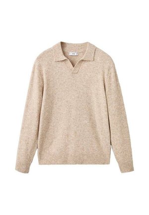 Suéter de punto beige con cuello de polo, diseño de escote en V, mangas largas y dobladillo y puños acanalados. Textura suave y ajuste clásico.