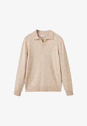 Beige gebreide trui met een polo kraag, met een V-halsontwerp, lange mouwen en geribbelde zoom en manchetten. Zachte textuur en klassieke pasvorm.