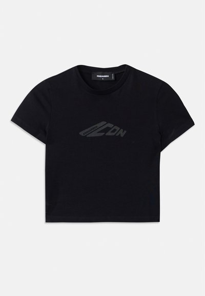 Black cropped t-shirt made of cotton, featuring a subtle dark logo design on the front. Short sleeves and a round neck.