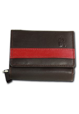 Brown leather wallet with red leather stripe. Features light stitching, embossed logo, and a clasp closure. Compact rectangular design.