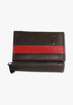 Braunes Lederportemonnaie mit rotem Lederstreifen. Verfügt über leichte Nähte, ein geprägtes Logo und einen Druckverschluss. Kompaktes, rechteckiges Design.