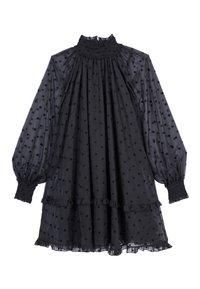 Schwarzes Polka-Dot-Kleid aus transparenter Stoff, ausgestattet mit einem hohen Raffungsausschnitt, langen Puffärmeln und rüschierten Saumdetails.
