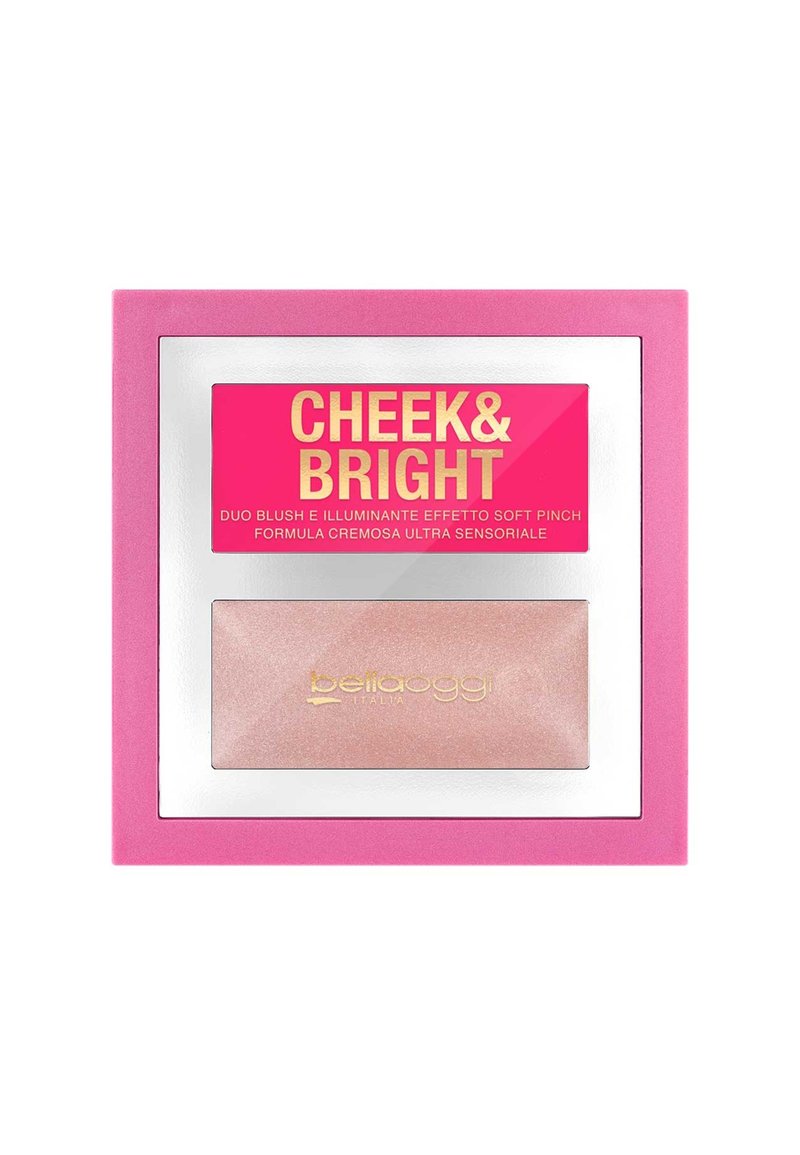 Compatto di fard Duo con un packaging rosa brillante e accenti argentati. Contiene un fard cremoso rosa chiaro con una consistenza liscia.
