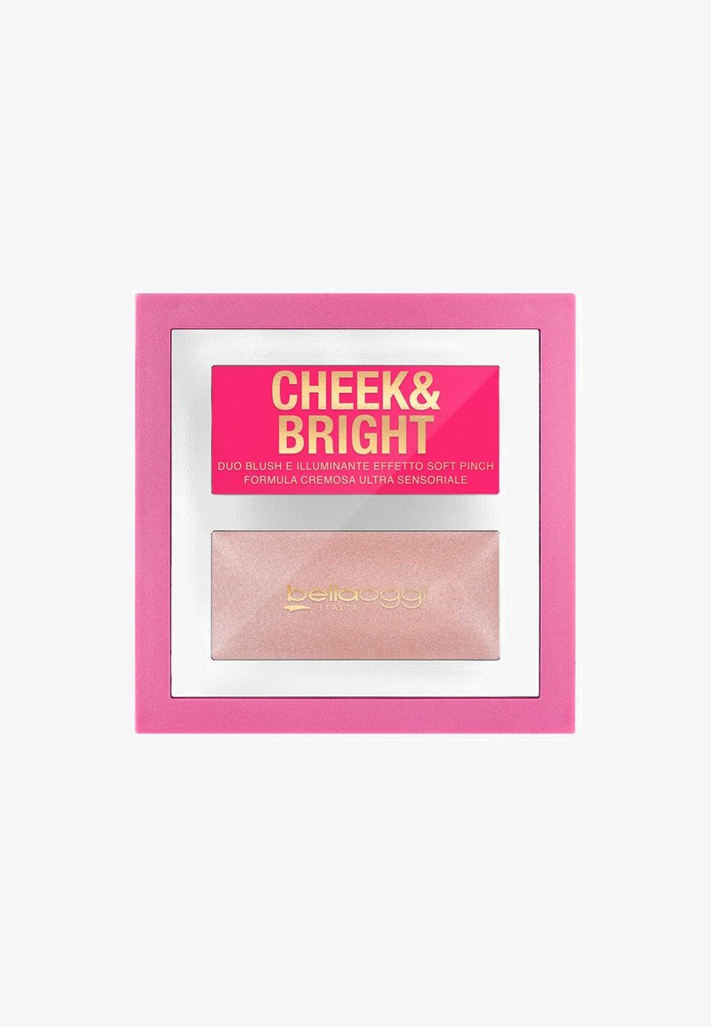 Compatto di fard Duo con un packaging rosa brillante e accenti argentati. Contiene un fard cremoso rosa chiaro con una consistenza liscia.