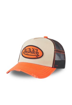 Gorra camionero Von Dutch en beige y naranja con parte trasera de malla negra y visera naranja desgastada.