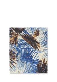 Patterned fabric featuring a blue, brown, and cream color scheme with abstract palm leaf designs. Soft texture, square shape.