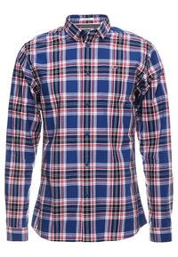 Niebiesko-czerwona koszula w kratę zapinana na guziki, wykonana z bawełny, z długimi rękawami, kołnierzykiem i niebieskimi guzikami. Charakterystyczne logo na piersi.