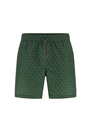 Shorts de bain verts avec une taille élastique et un cordon de serrage. Présente un motif subtil sur l'ensemble et un petit logo sur le bas.