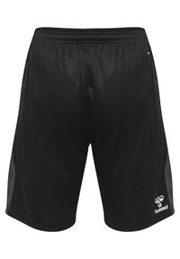 Svarta atletiska shorts tillverkade av lättviktig tyg med en meshstruktur, med en enhetlig design och en liten logotyp på nedre högra sidan.