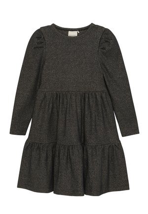 Langärmliges Kleid aus dunkelgrauem Stoff mit strukturiertem Finish, ausgestattet mit einem gestuften Rock und puffierten Schultern.