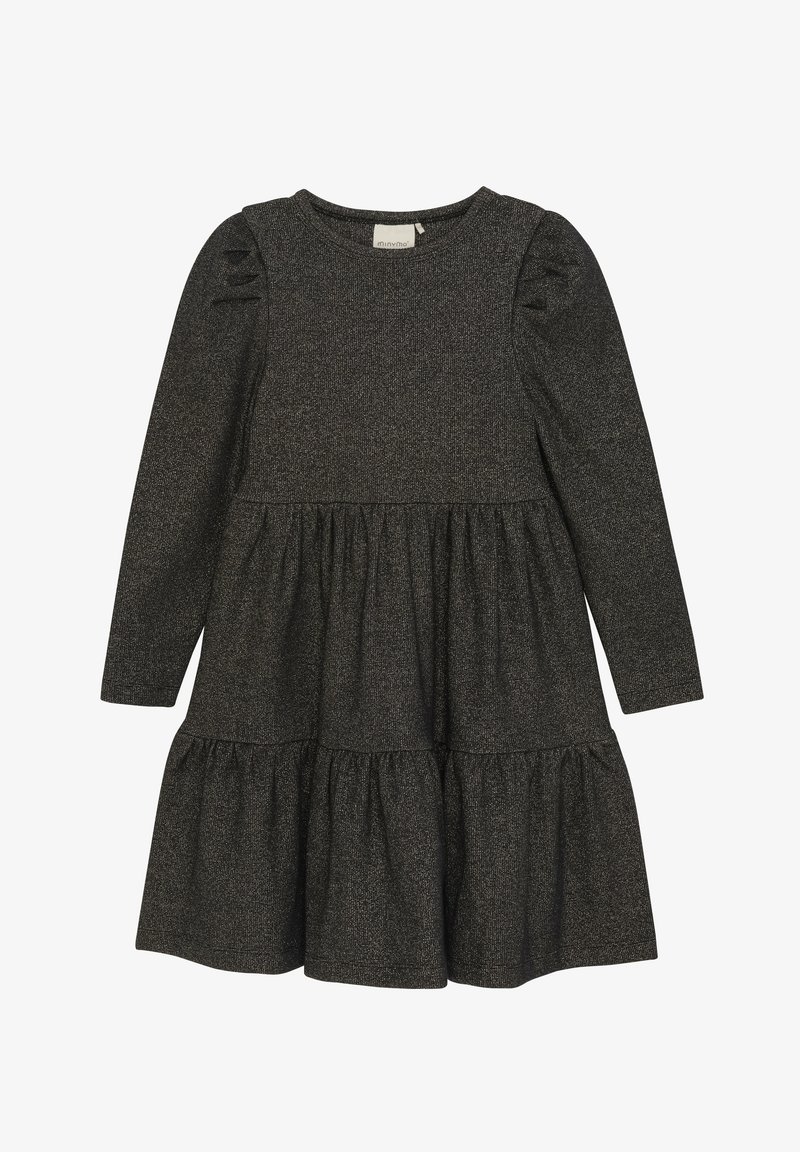 Langärmliges Kleid aus dunkelgrauem Stoff mit strukturiertem Finish, ausgestattet mit einem gestuften Rock und puffierten Schultern.