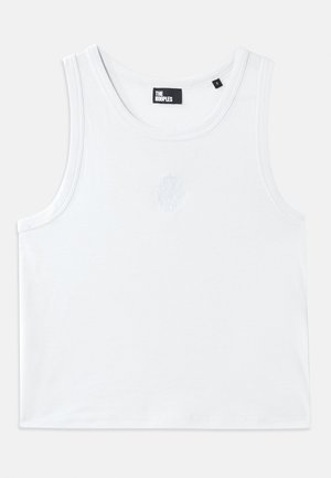 Débardeur blanc en coton, avec un col rond, des emmanchures et un petit logo en relief au centre devant. Texture lisse.