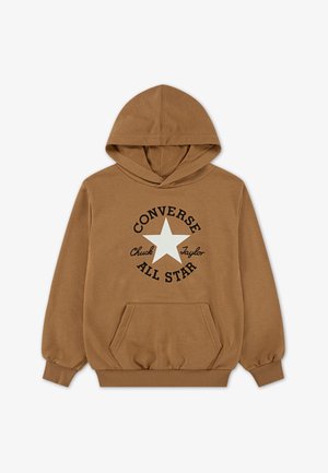 Rudas džemperis su kapišonu, pagamintas iš minkštos medžiagos, turi priekinę kišenę, raišteliu reguliuojamą kapišoną ir didelį atspausdintą dizainą su balta žvaigžde ir tekstu.