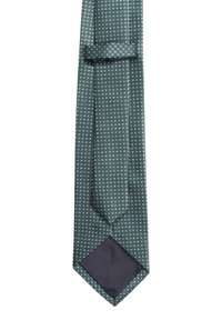 Cravatta verde con un motivo testurizzato di piccoli punti bianchi. La punta presenta un accentuazione a righe scure per un dettaglio contrastante. Design e forma classici.