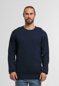 Maglione blu navy in tessuto a maglia con collo e polsini a coste, caratterizzato da una vestibilità comoda e un design a tinta unita.