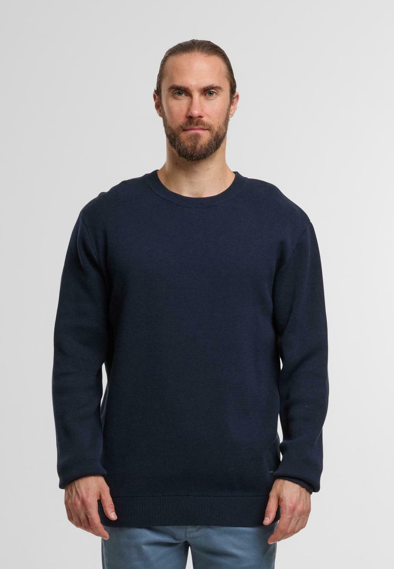 Maglione blu navy in tessuto a maglia con collo e polsini a coste, caratterizzato da una vestibilità comoda e un design a tinta unita.