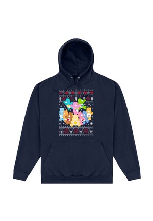 Granatowa bluza z kapturem, ozdobiona świątecznym wzorem kolorowych niedźwiedzi otoczonych sercami i płatkami śniegu, z przednią kieszenią i regulowanym kapturem.