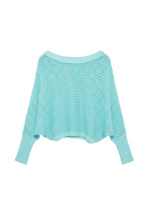 Hellblauer gestrickter Pullover mit langen enganliegenden Bündchen und weitem Rundhalsausschnitt, lockere Passform und horizontal gerippte Struktur.