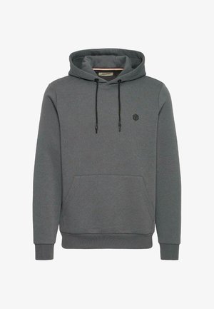 Pilkas puloveris su gobtuvu, pagamintas iš švelnios medžiagos, turintis kengūros kišenę, reguliuojamus raištelius ir mažą juodą logotipą kairėje krūtinės pusėje.