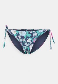Parte inferior de biquíni floral em azul marinho, com flores em azul claro, rosa e verde. Ties laterais ajustáveis e textura suave. Interior forrado.