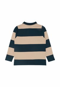 Polo majica dugih rukava s vertikalnim mornarsko plavim i bež prugama, izrađena od mekog pamuka, s rebrastim ovratnikom i bešavnim ramenima.