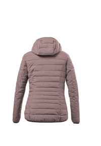 Giacca imbottita con cappuccio in mauve, caratterizzata da una texture a trapunte orizzontali, con un retro leggermente allungato e maniche aderenti.