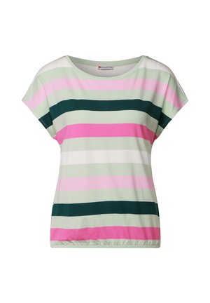 Gestreepte top met korte mouwen, voorzien van lichtgroene, roze, witte en donkergroene horizontale strepen; ontspannen pasvorm met een casual halslijn.