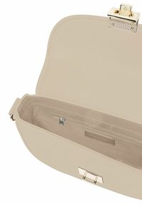 Beige clutch bag with a smooth exterior, gold-tone hardware, a clasp closure, and a textured fabric interior with a zipped pocket.