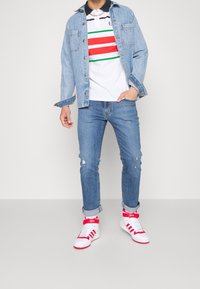 Džínová bunda, bílé polo tričko s červenými a zelenými pruhy, modré džíny a bílé tenisky s červenými detaily. Klasický ležérní design a střih.